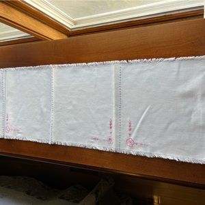 Table Runner Dresser Scarf Pink Floral Blue Embroidered Fringed Edge 42.4” X 12”